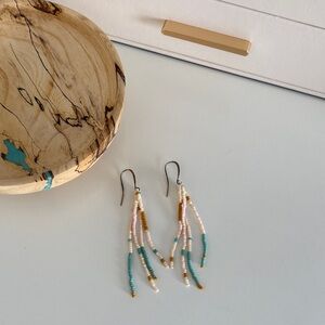 Beaded Teal, Cream & Gold Dangle Earrings